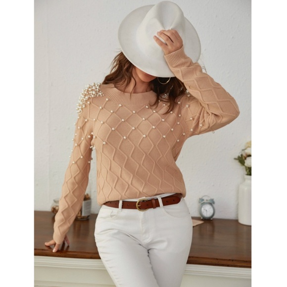 Pearl Embellished Camel Knit Textured Sweater - Picture 3 of 8